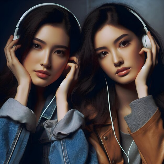 Photo a woman with her eyes closed and the other woman is wearing headphones