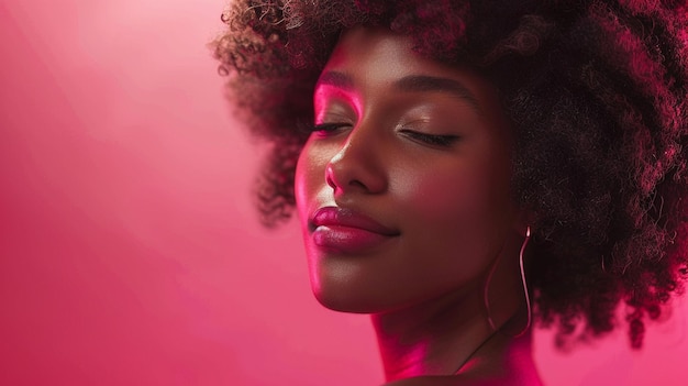 a woman with her eyes closed and a pink light behind her