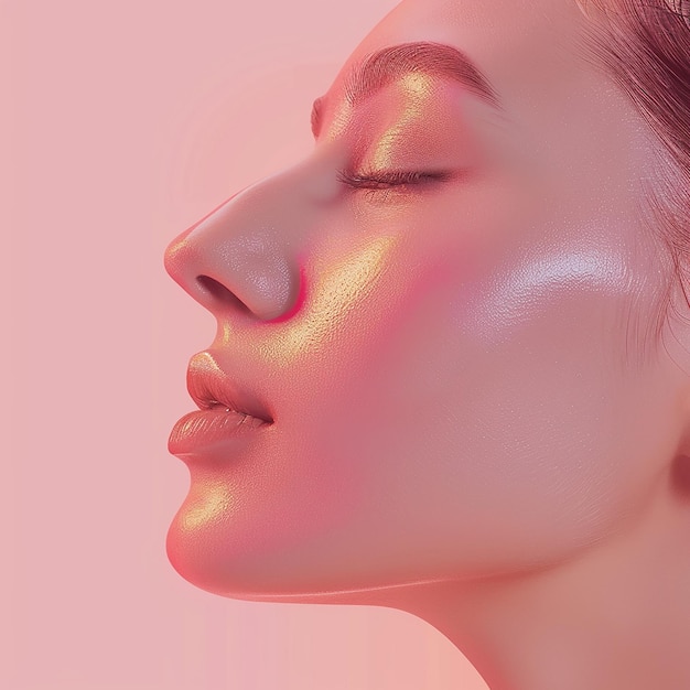 a woman with her eyes closed and a pink light shining on her face