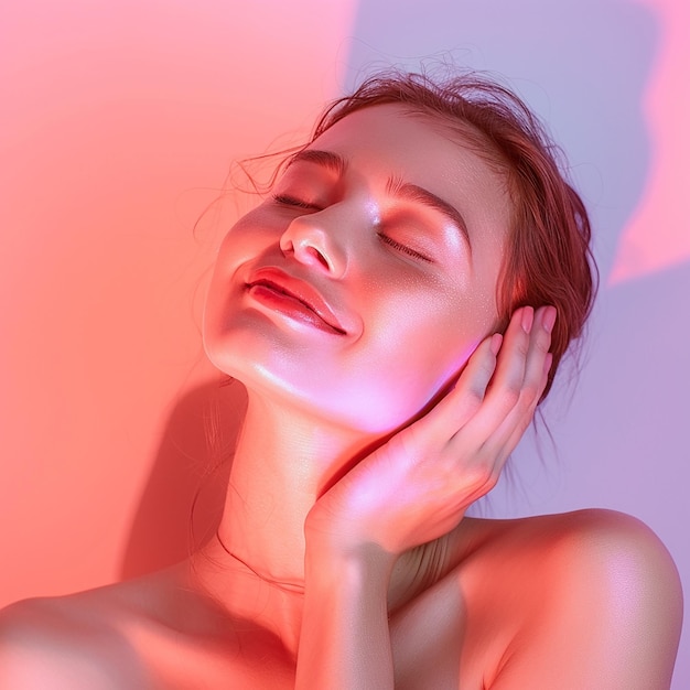 Photo a woman with her eyes closed and a red light behind her