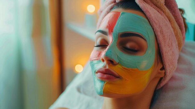 A woman with her eyes closed rests on a white towel enjoying a colorful facial mask