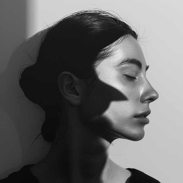 a woman with her eyes closed and the shadow of her face is behind her