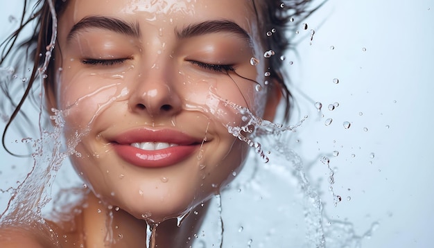 a woman with her eyes closed and the water splashing is spraying out of her face