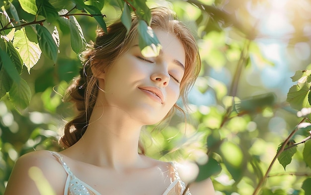 a woman with her eyes closed and a white dress with a gold ribbon