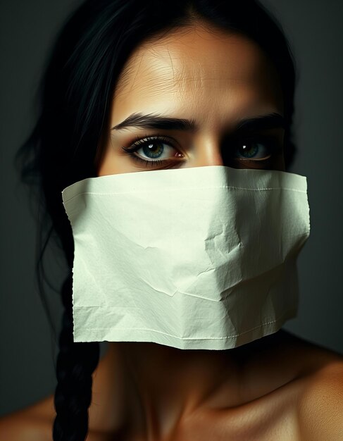 Photo woman with her face covered with a paper