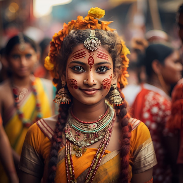 a woman with her face painted with henna on her face.