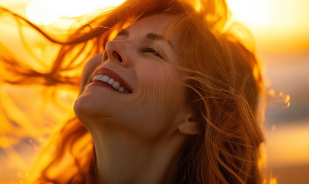 Photo a woman with her hair blowing in the wind at sunset