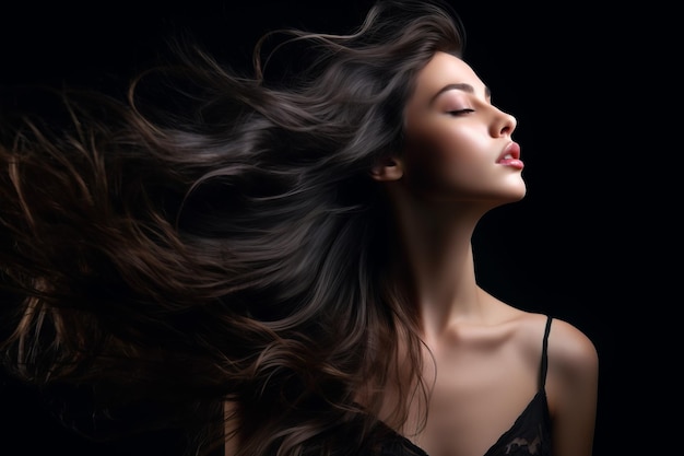 Woman with her hair blowing in the wind with her eyes closed and her eyes closed Generative AI