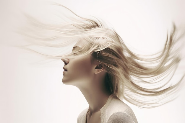 A woman with her hair blowing in the wind