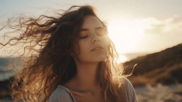 A woman with her hair blowing in the wind