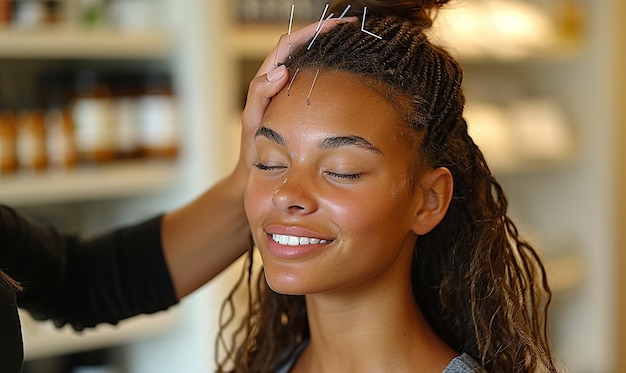 a woman with her hair in a braid is getting her hair done