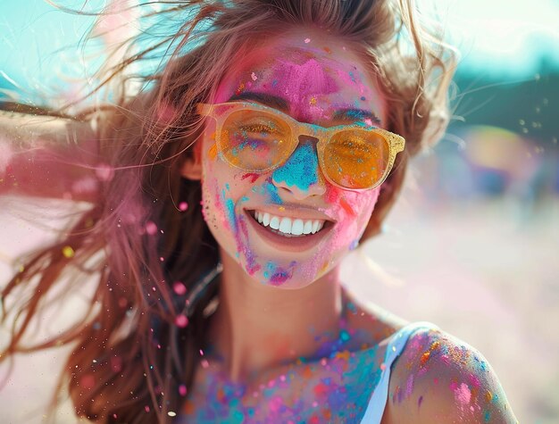 a woman with her hair painted in colorful colors is smiling