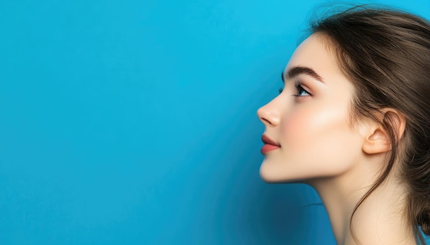 a woman with her hair in a ponytail and a blue background