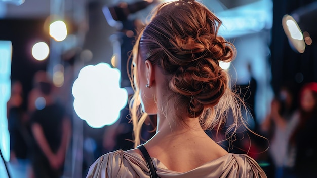 Photo a woman with her hair styled in a bun stands on a stage facing away from the camera as people take photos