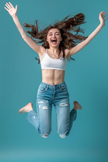 a woman with her hair up in the air with her arms up in the air