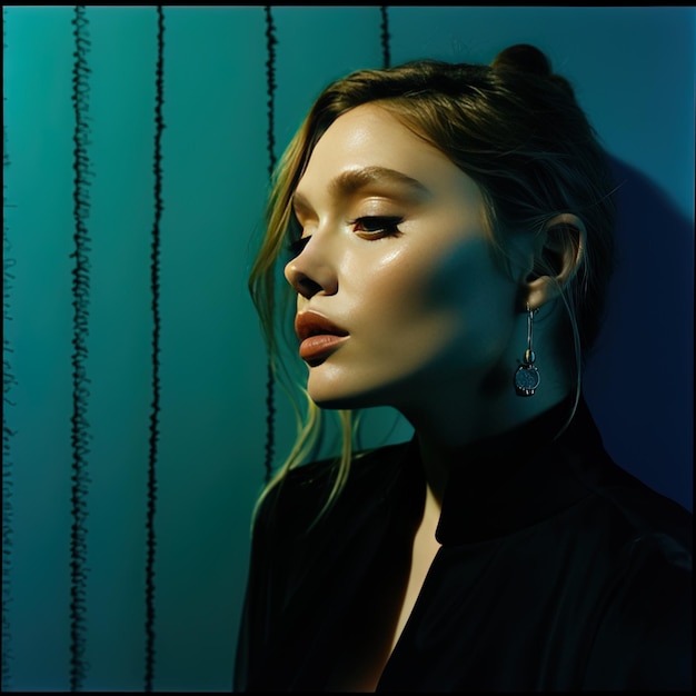 Photo a woman with her hair up in a black shirt and earrings