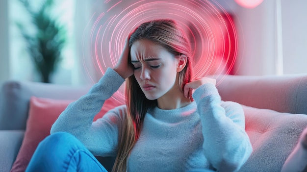 Photo a woman with her hair up in a bun in a red light