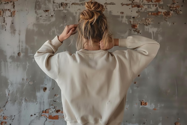 a woman with her hair up in a bun in a white top that says  no