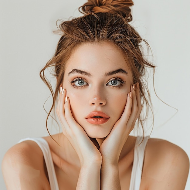 a woman with her hair up in a bun with a red lip