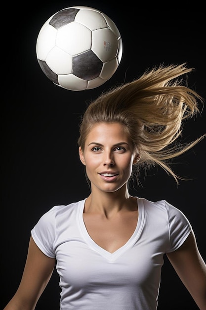 a woman with her hair up in a ponytail is jumping up to a soccer ball