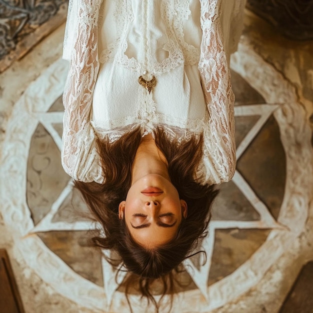 a woman with her hair up in a white dress that says quot she is laying on the floor quot