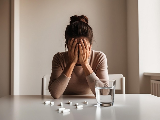 Photo a woman with her hand on her face is covered in a glass of water