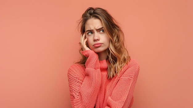 a woman with her hand on her face and a red sweater