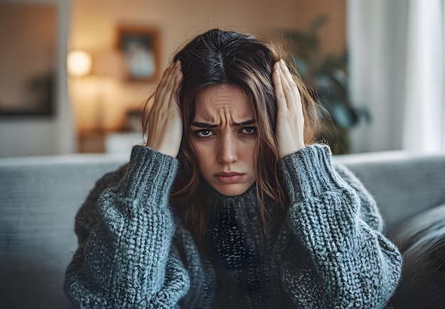 a woman with her hand on her head and her head