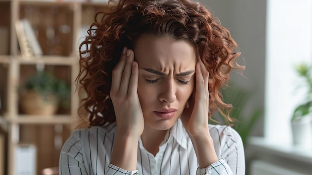 Photo a woman with her hand on her head is covering her ears