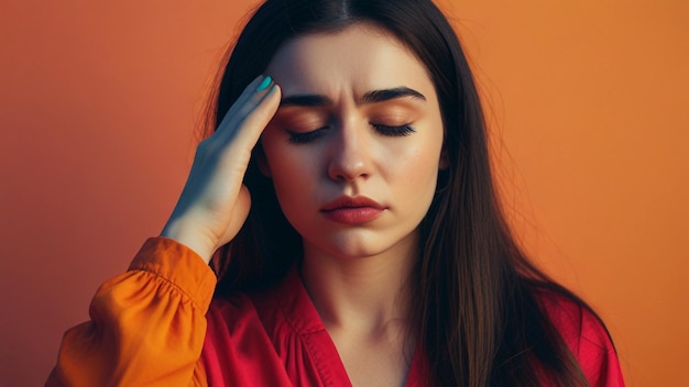 a woman with her hand on her head