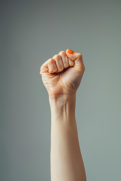 a woman with her hand raised in the air