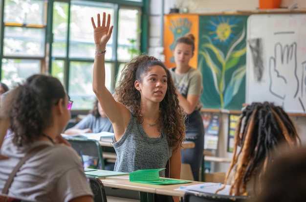 Photo a woman with her hand up in the air with her hand up in the air