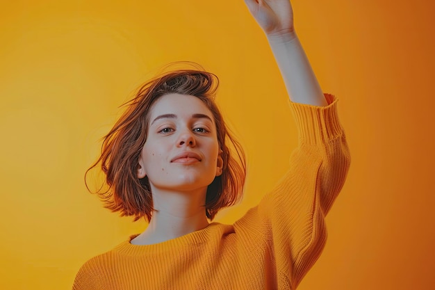 a woman with her hand up in the air with the word on it