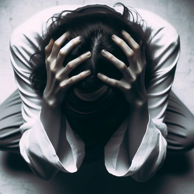 a woman with her hands covering her face with her hands