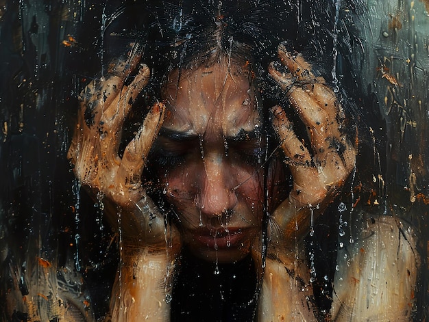 a woman with her hands covering her face with water drops