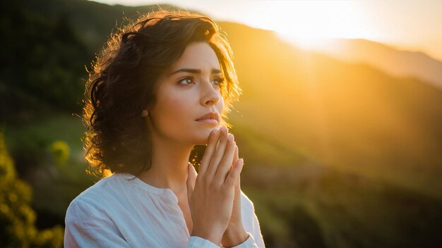 Photo a woman with her hands folded in front of a sunset