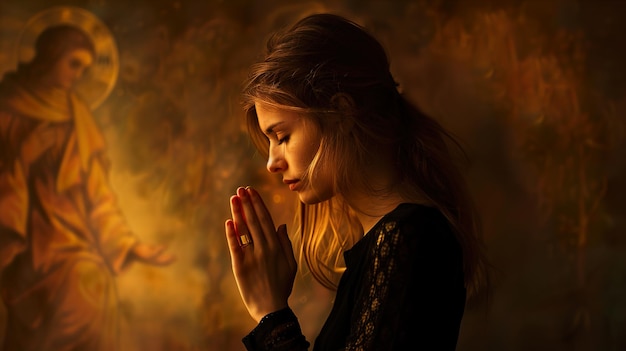 a woman with her hands folded in prayer