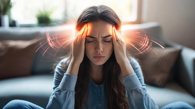 a woman with her hands on her head and the light shining on her face