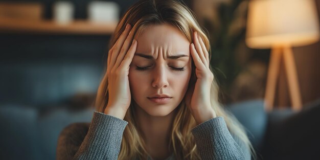 Photo a woman with her hands is holding her head