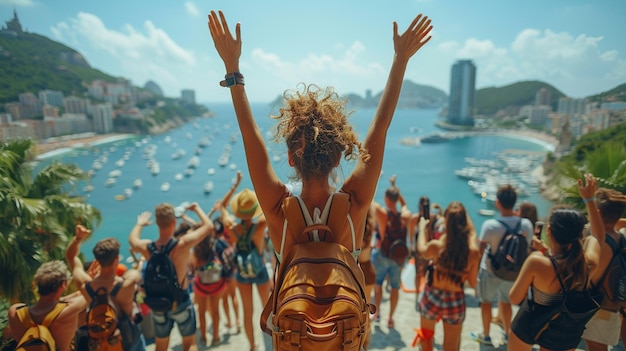 Photo a woman with her hands up in the air with the sun behind her