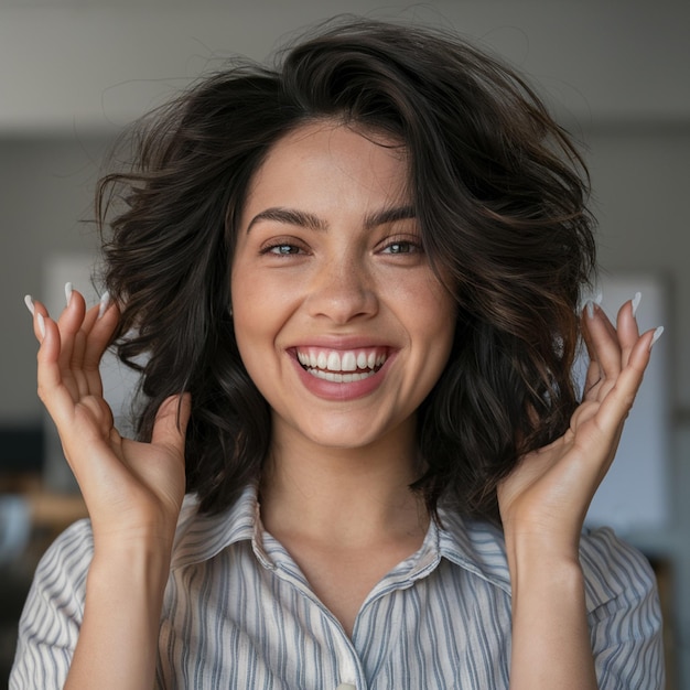 a woman with her hands up in the air and the word quot s quot on the right