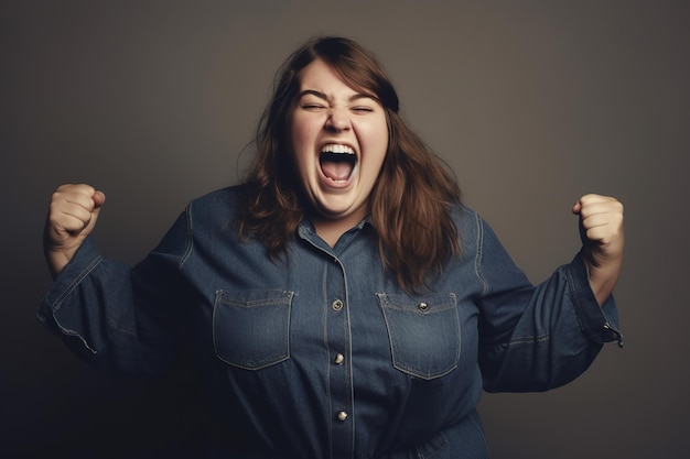 A woman with her mouth open and a big smile on her face