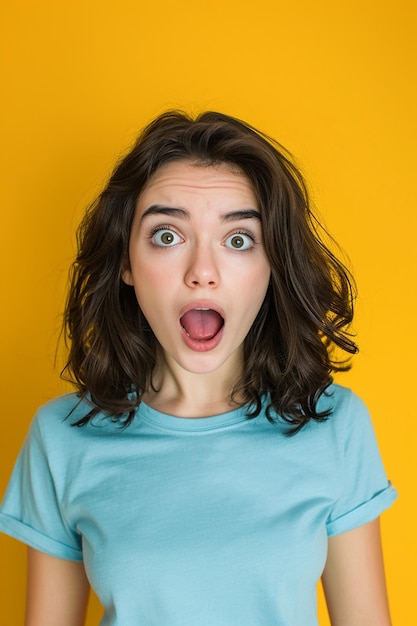 a woman with her mouth open and a blue shirt that says quot shes about to be a monster quot