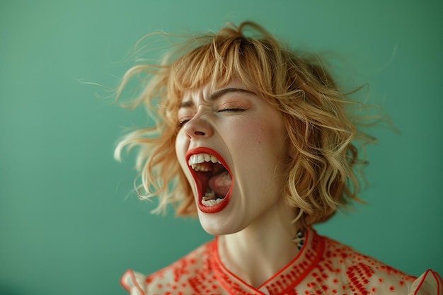 Photo a woman with her mouth open is screaming in front of a green background