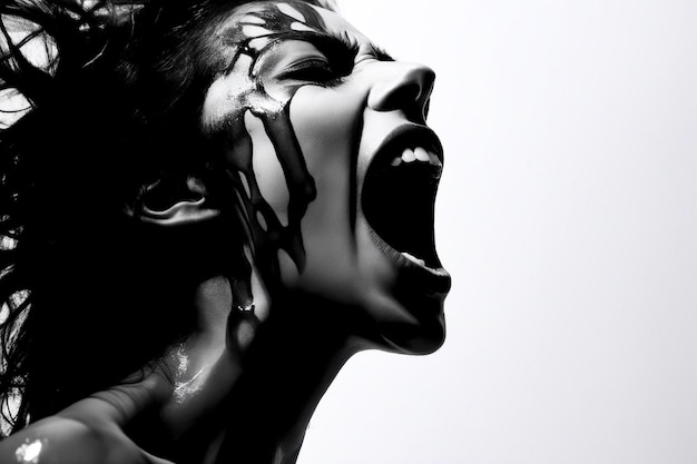 Woman with her mouth open and painted black and white Generative AI