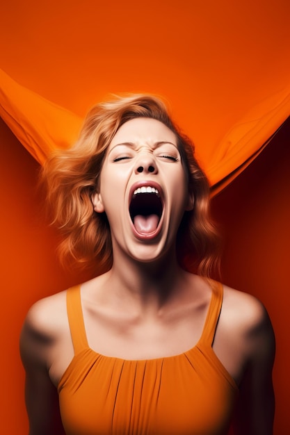 Woman with her mouth open with orange cloth over her head and her eyes closed Generative AI