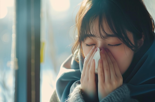 a woman with her nose covered in a tissue