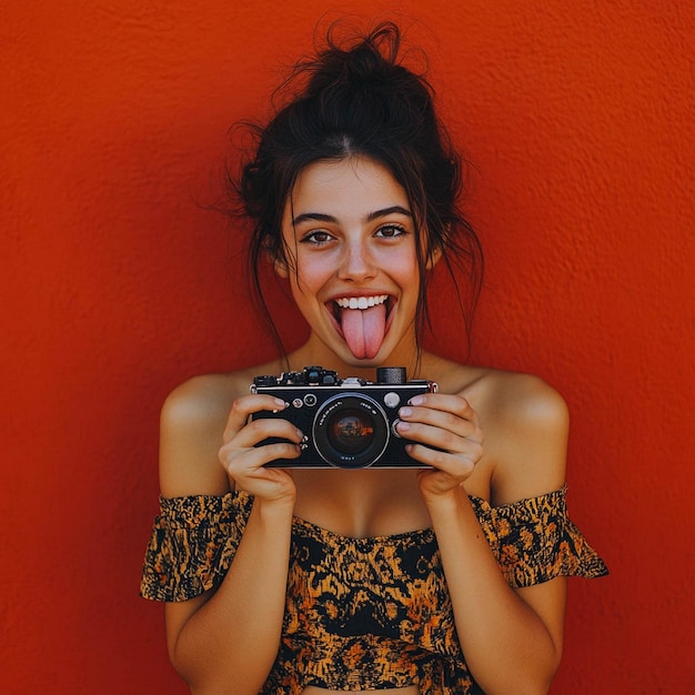 Photo a woman with her tongue out posing with a camera