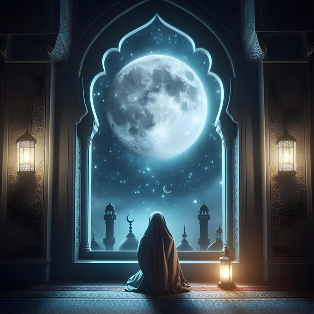 a woman with hijab sits in front of a window with a full moon in the background