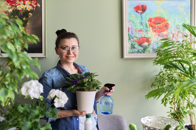 Woman with home plants in pots hobbies and leisure